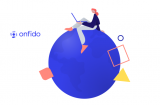 onfido logo - cartoomn of someone on their lap to sitting on a globe
