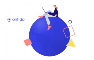 onfido logo - cartoomn of someone on their lap to sitting on a globe