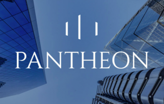 pantheon's logo against a view of the tops of skyscrapers from the ground