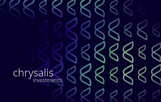 Chrysalis investments logo in purple and green on a dark blue background