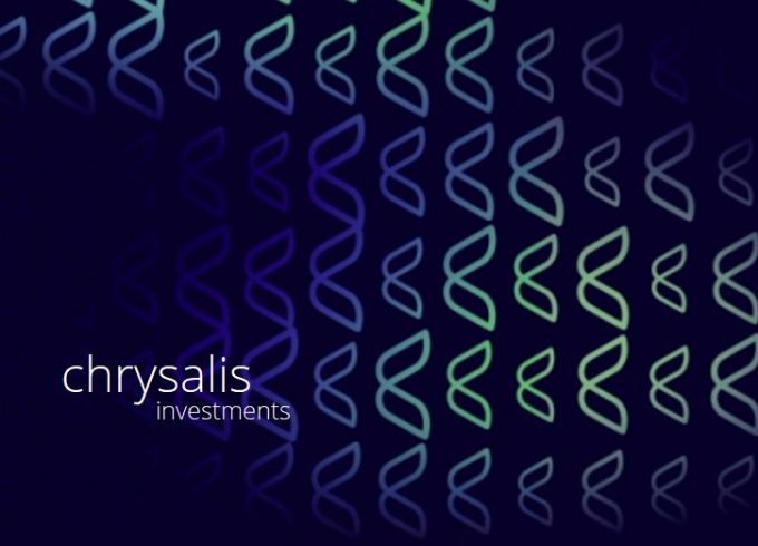 Chrysalis investments logo in purple and green on a dark blue background