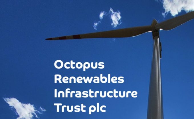 the words octopus renewables infrastructure trust set against a blue sky with a wind turbine on the right hand side