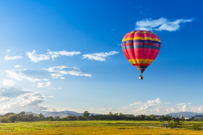 Hot,Air,Balloon,Over,The,Green,Paddy,Field.,Composition,Of