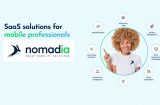 Nomadia logo and picture of a woman pointing to various benefits of Nomadia's services 230720 HGT Nomadia