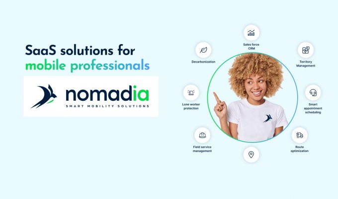 Nomadia logo and picture of a woman pointing to various benefits of Nomadia's services 230720 HGT Nomadia