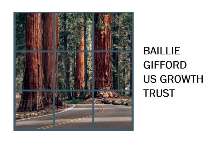 a photograph of a Redwood grove split into nine squares with the words Baillie Gifford US Growth