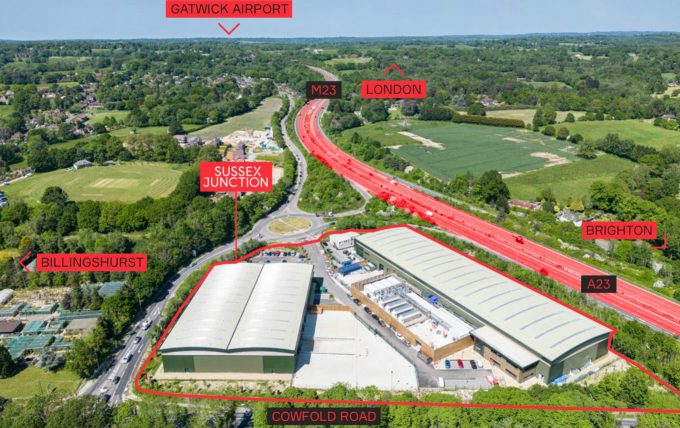 an aerial view of the sussex junction industrial development at bolney west sussex. The site's proximity to the M23 motorway is highlighted in red.