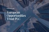 european opportunities trust plc written in white text against a view of sky surrounded by glass office towers