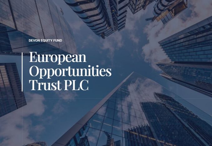 european opportunities trust plc written in white text against a view of sky surrounded by glass office towers