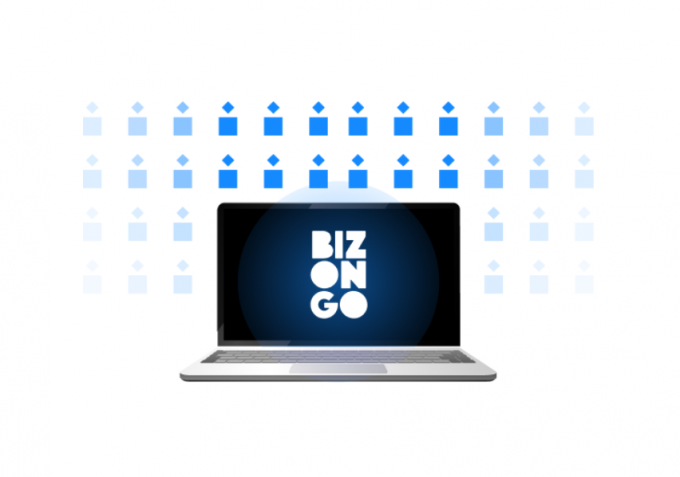 an open laptop with the Bizongo logo displayed sitting in front of a pattern of blue squares and triangles on a white background