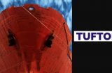 the bow of a vessel in red next to Tuftn's logo on a black background