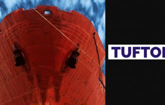 the bow of a vessel in red next to Tuftn's logo on a black background