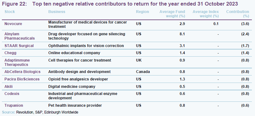 Top ten negative relative contributors to return for the year ended 31 October 2023