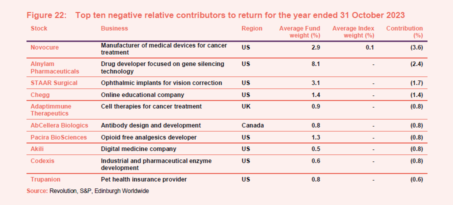 Top ten negative relative contributors to return for the year ended 31 October 2023