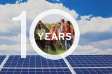 solar panels in the sun with the text '10 years' superimposed and a picture of a site visit to a solar farm inside the zero