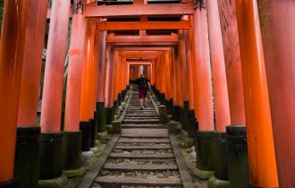 a man climbing wooden stairs at the fushimi inari temple in Japan, surrounded by red torii gates