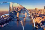 a view of London from east of Tower Bridge overlaid with the JPM transparent circle motif