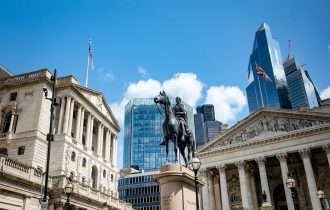 view of bank of england and royal exchange with statue of wellington in foreground