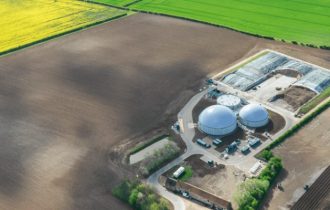 aerial view on an anaerobic digestion plant set in some fields