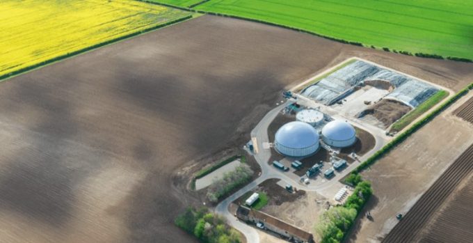 aerial view on an anaerobic digestion plant set in some fields