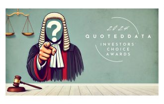 an image of a judge - with a question mark for a face next to the QuotedData Investors' choice awards logo