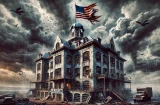 an ai generated image of an asylum with a tattered US flag on top