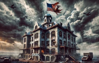 an ai generated image of an asylum with a tattered US flag on top