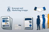 cartoon image of files, a handshake and a group of people alongside Konzept und marketing logo