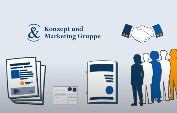 cartoon image of files, a handshake and a group of people alongside Konzept und marketing logo