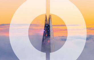 the top the shard above the clouds viewed through schroder's 'broken circle' logo