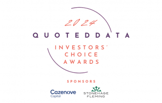 QuotedData investors' choice awards 2024 logo with logos of sponsors Cazenove Capital andStonehage Fleming