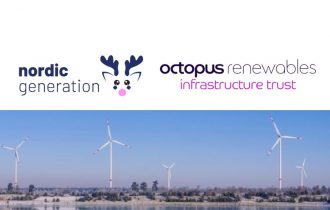 logos for nordic generation and octopus renewables infrastructure above a picture of a Finnish wind farm