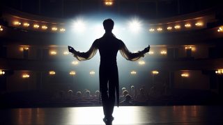 view from behind of a performer looking out at an audience