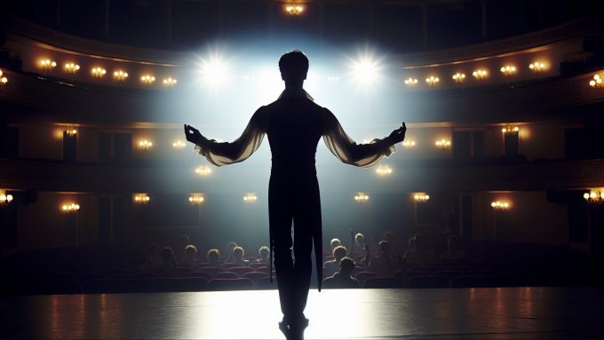 view from behind of a performer looking out at an audience