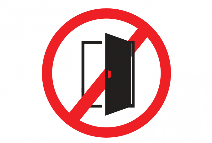 a sign showing a open door with a red line through it in a red circle
