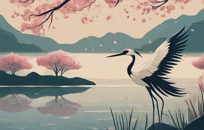 drawing of a crane standing by a lake at cherry blossom time