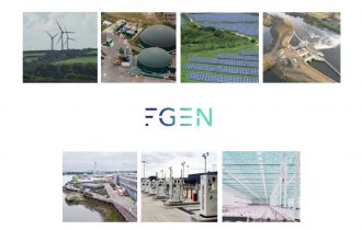 FGEN logo sits amid pictures of wind farm, anaerobic digestin plant, solar farm, hydro scheme, bioenergy scheme, CNG refuelling station, greenhouse
