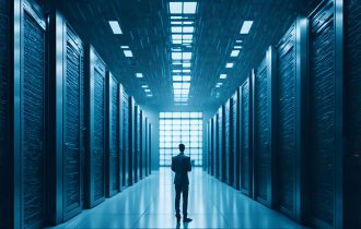 a man standing between racks of servers looking into the distance