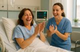 a happy looking woman sits up in a hospital bed, a nurse is standing next to her, both are clapping and smiling