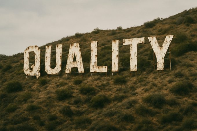 the word quality, looking like the hollywod sign, but faded