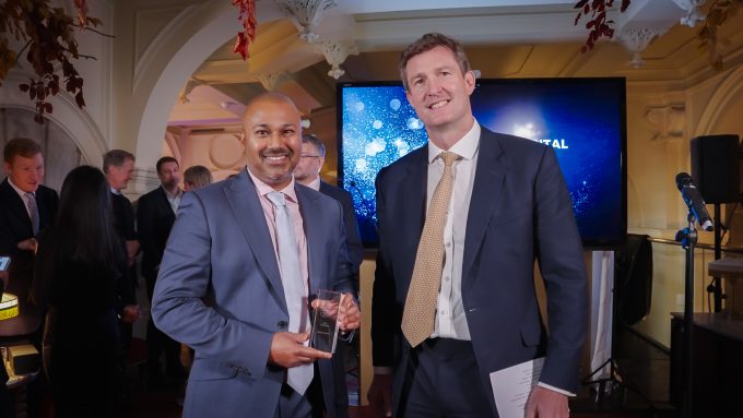 Polar Capital chief marketing officer Vik Heerah (left) collects the firm's Best Boutique Asset Manager award from QuotedData in 2025.