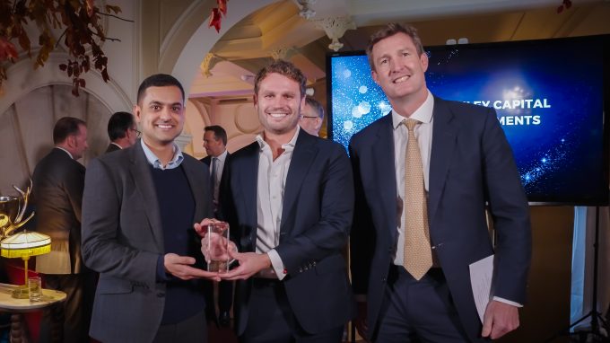 Priyesh Parmar and Matt Goss of Deutsche Numis collect the Best Alternative Assets for Growth award on behalf of Oakley Capital Investments.