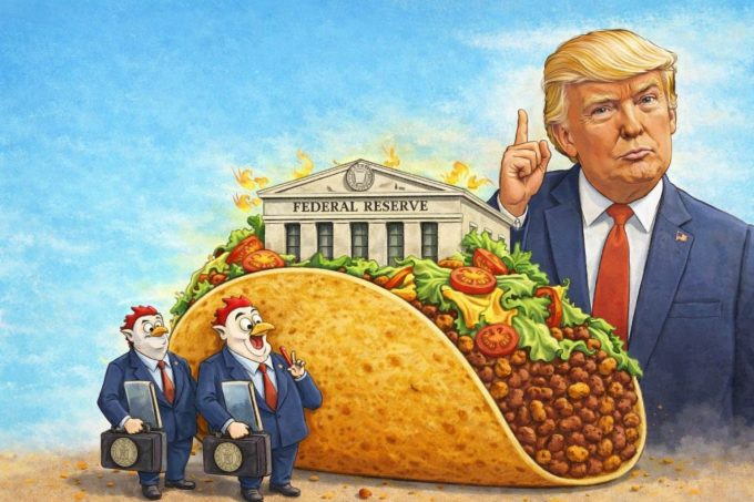an AI generated image of Trump behind a taco topped by the Federal Reserve and two chickens in suits carrying briefcases - wild eh?