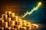 a pile of gold coins sitting in front of a chart of a rising stock price