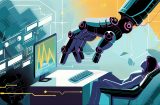 in a cartoon image, a robot hand reaches over a human to type into a computer