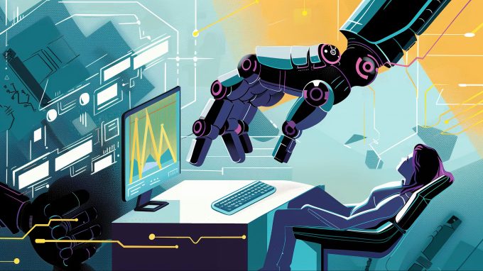 in a cartoon image, a robot hand reaches over a human to type into a computer