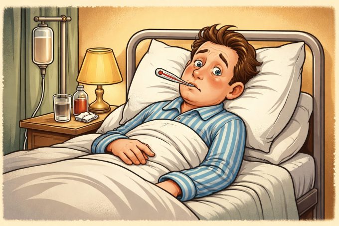 a cartoon image of a man lying in a hospital bed with a thermometer in his mouth
