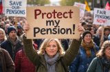 a woman in a crowd of demonstrators holds a placard that says protect my pension