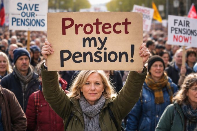 a woman in a crowd of demonstrators holds a placard that says protect my pension
