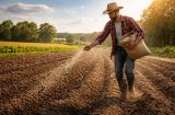 A farmer sowing seeds on a sunny afternoon